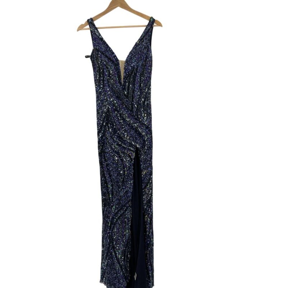 Jovani V-neck Sequin Dress With High Slit Blue 4